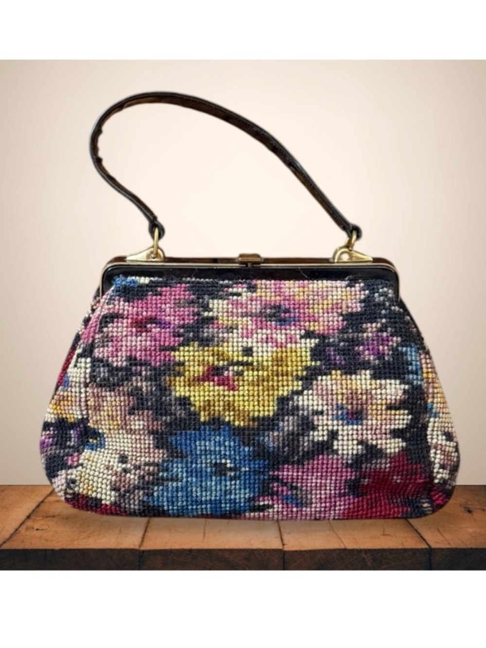 Vintage Needlepoint Purse Floral Tapestry Handbag Shoulder Bag Antique